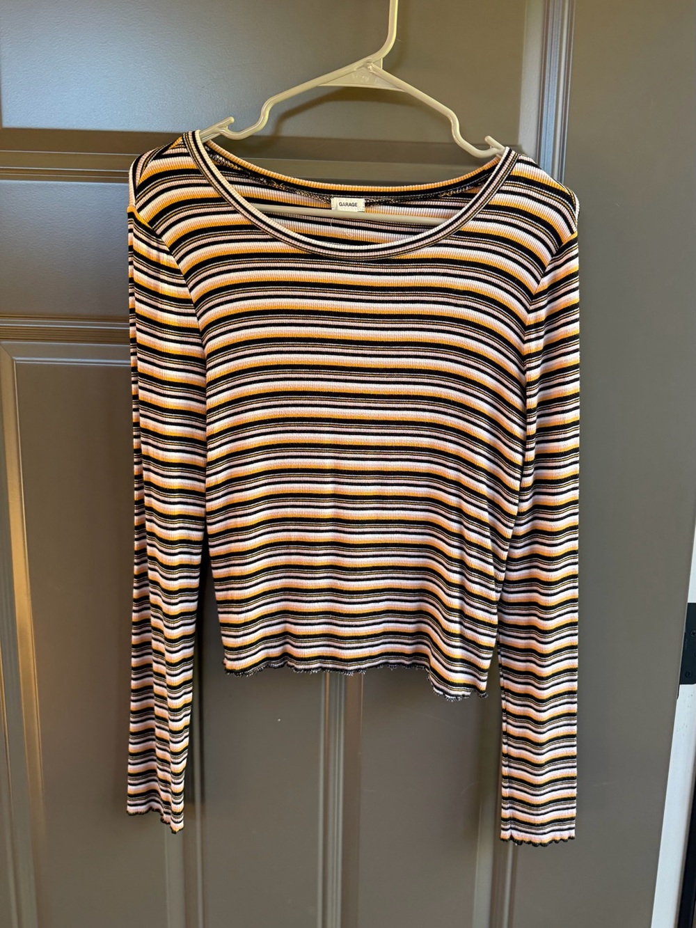 Garage Striped Long-Sleeve Ribbed Top in Black/White/Yellow, Size L